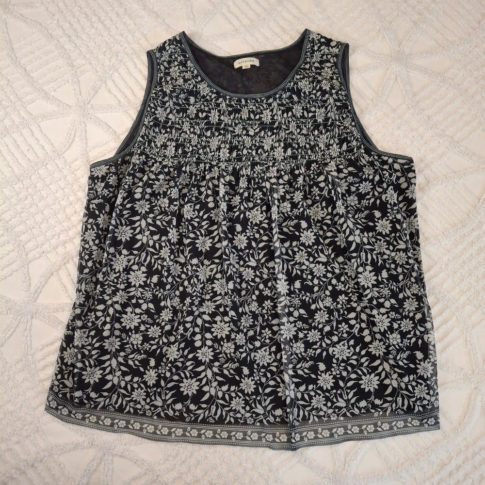 Max Studio Black Floral Sleeveless Smocked Yoke Blouse